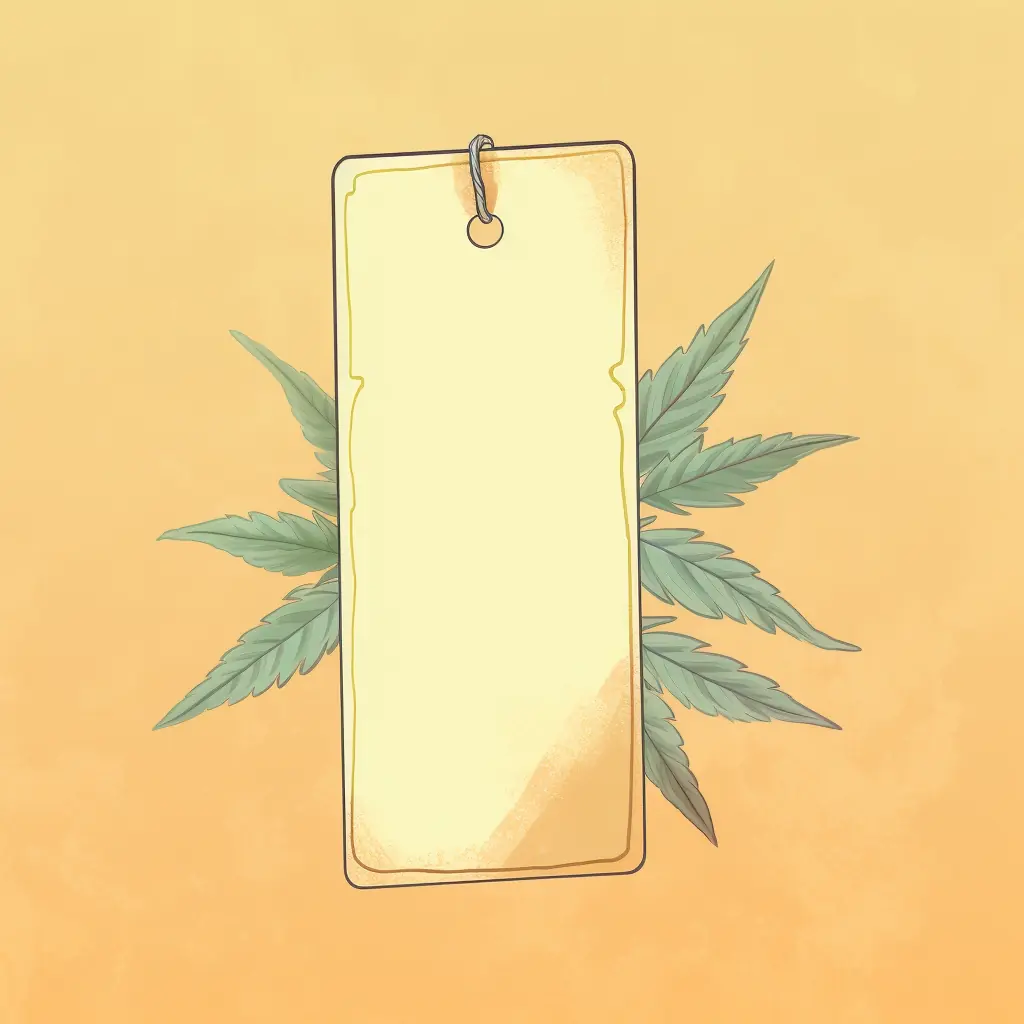 Das Emblem des herzlichen Cannabis-Social-Clubs in Mainz ist ein Preisschild mit einem stilvollen Cannabisblatt in Pastellfarben.